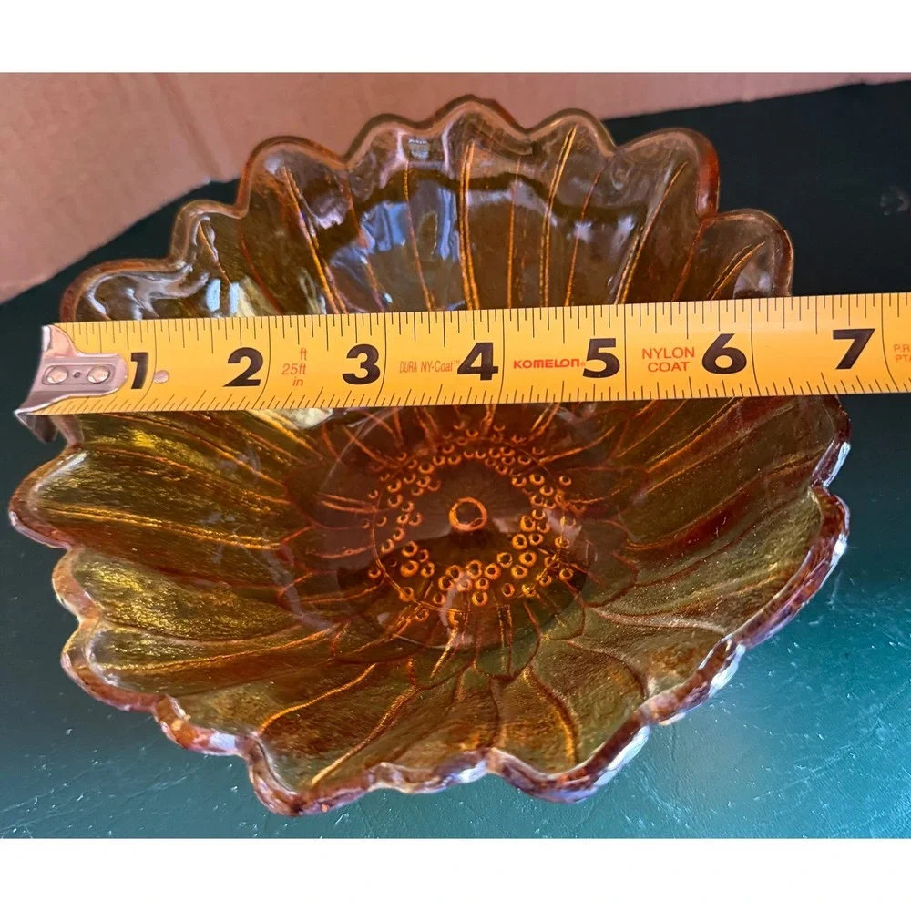 Vintage Amber Glass Sunflower Scalloped Bowl Textured Carnival Glass 7 Inch